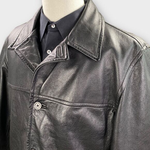 VINTAGE J Crew Jacket Mens Large Black Leather Wool Lined Quilted Heavy Coat - Picture 4 of 11